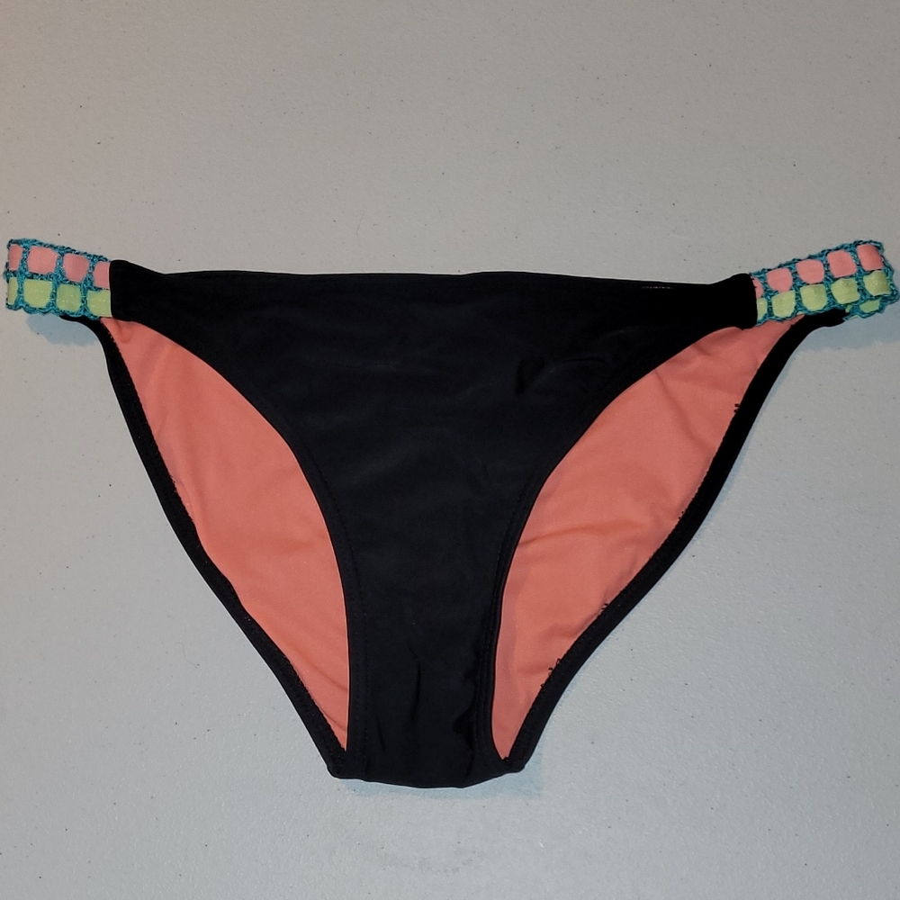Black Bikini Bottoms With Lime, Teal Blue and Coral Accents, Large